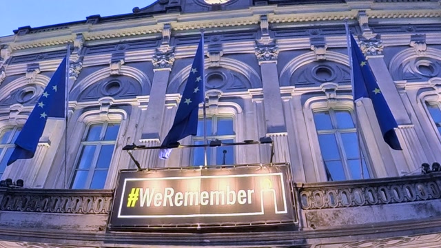 International Holocaust Remembrance Day: Station Europe building in Brussels displaying the banner #WeRemember